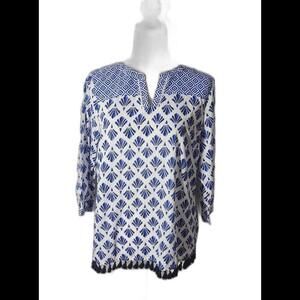 (Gb17) Talbots Women's Tunic 3/4 Sleeve Shell Geometric Pattern White/blue, MP